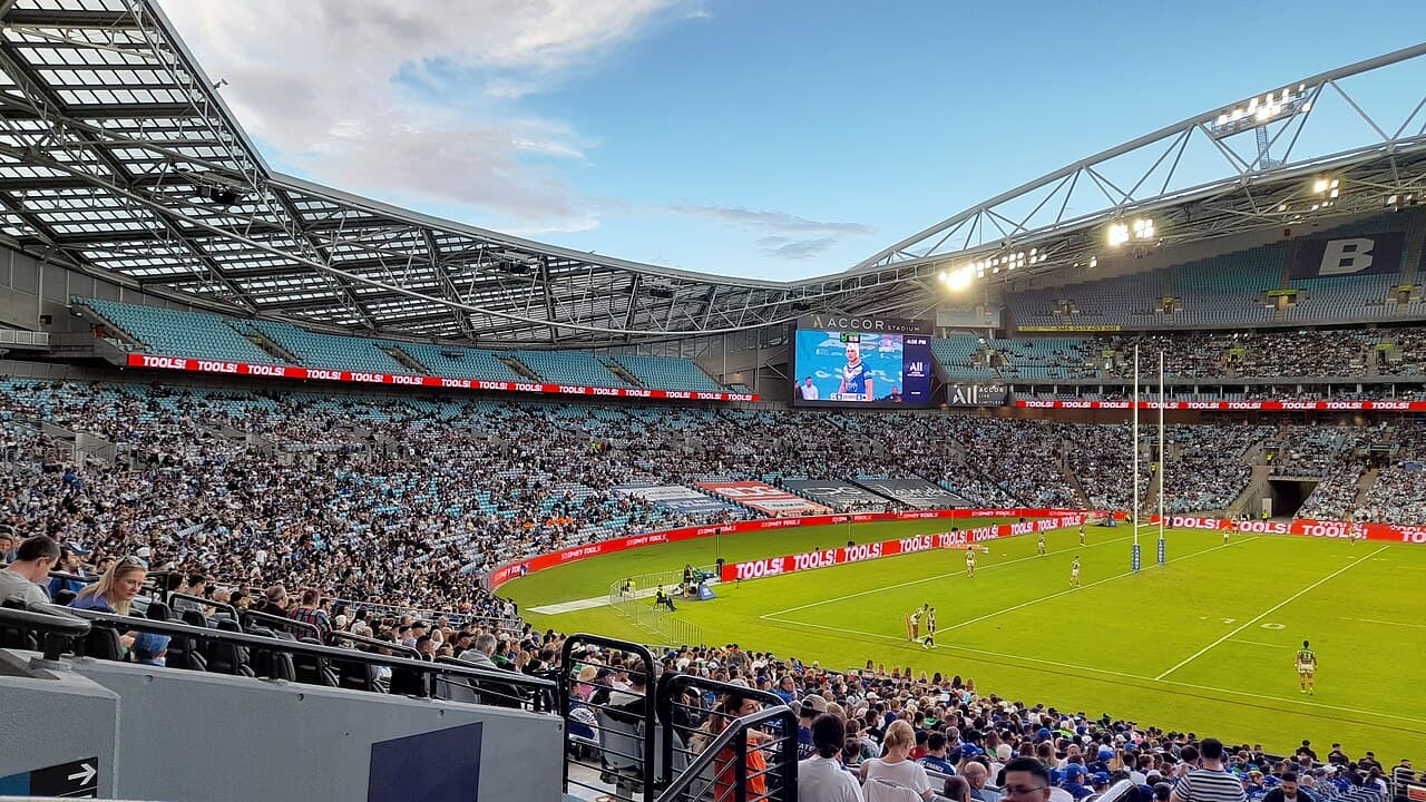 The northern end of Stadium Australia aka Accor Stadium during the Canterbury-Bankstown vs South Sydney NRL match on Good Friday 2023
